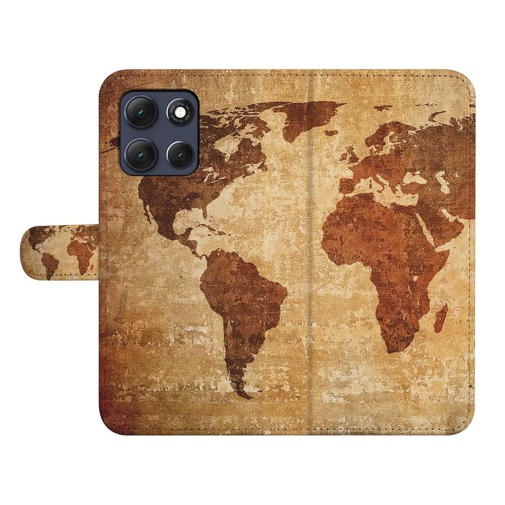 Motorola Moto G86 Book Case Wereldkaart wereldkaart print bruin geel vooraanzicht.