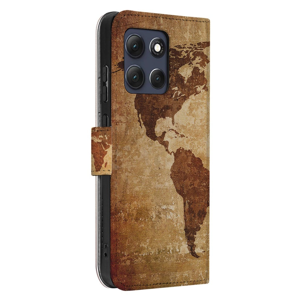 Motorola Moto G86 Book Case Wereldkaart bruin geel vooraanzicht.