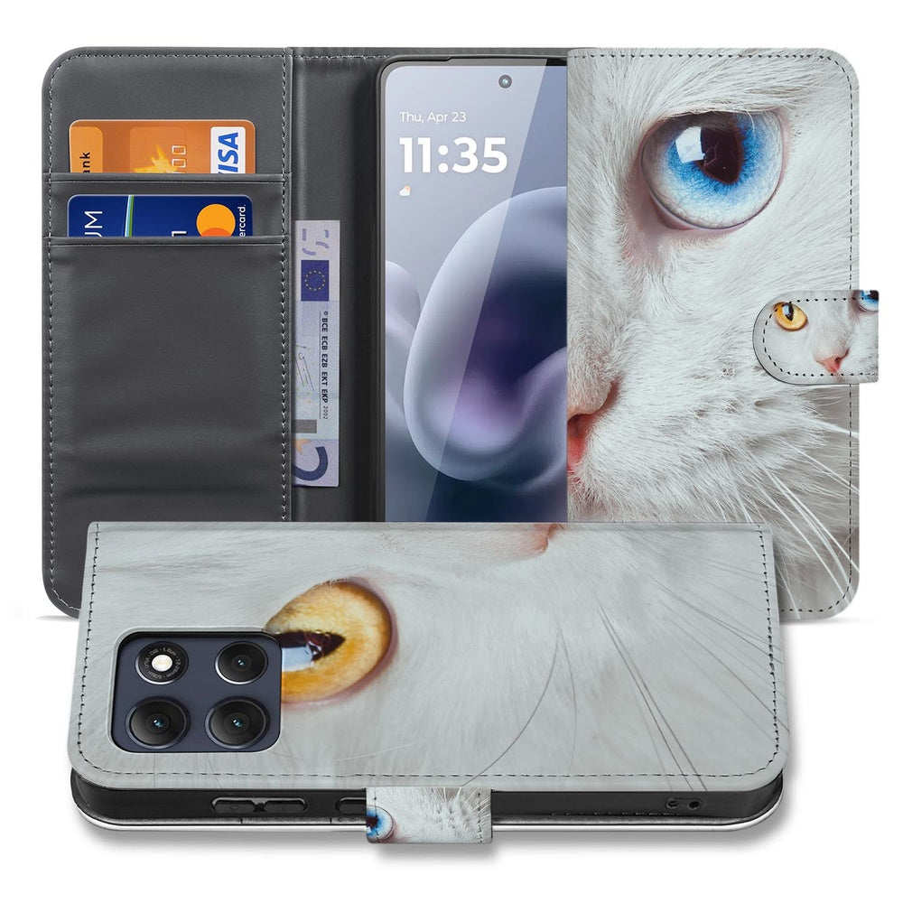 Motorola Moto G86 Book Case Witte Kat Dierenprint Vooraanzicht.