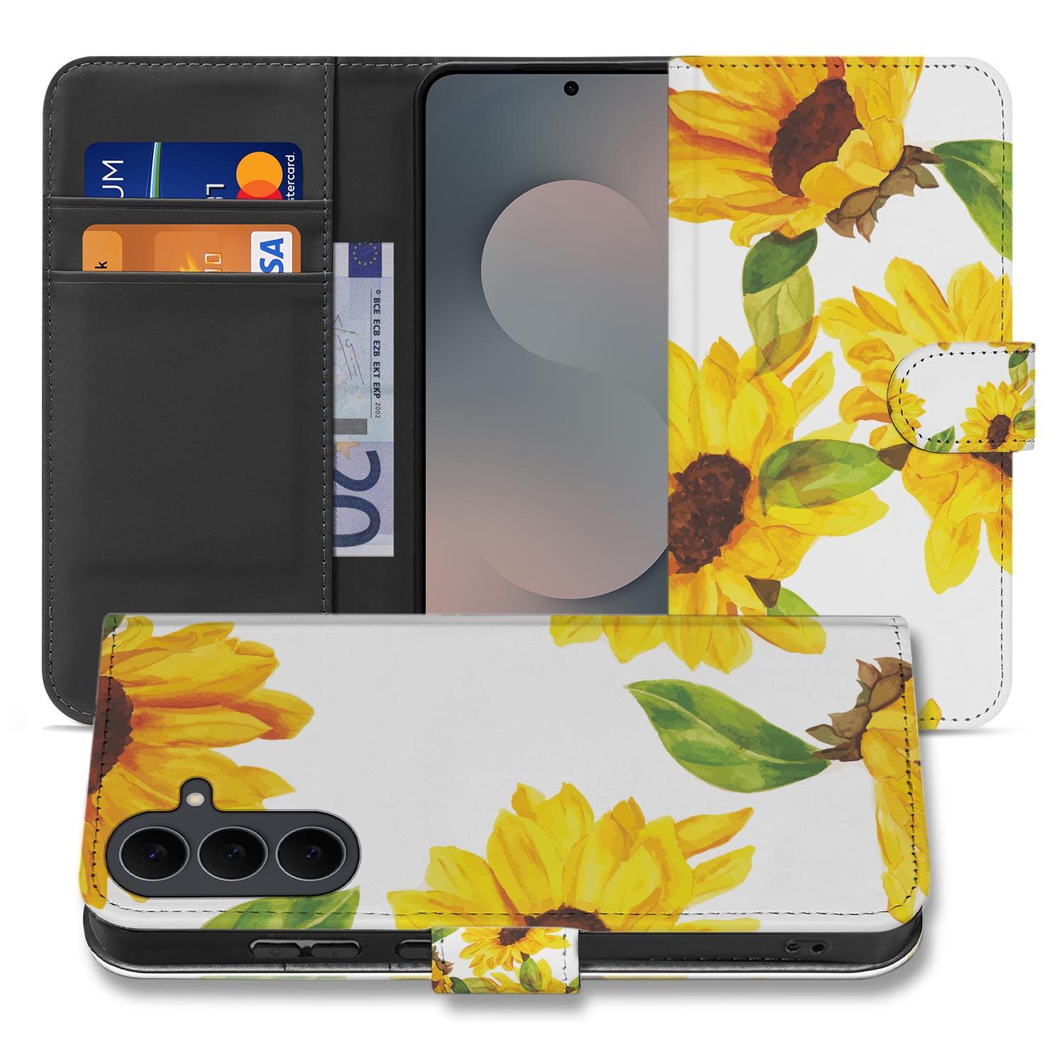 Samsung Galaxy S26 FE bookcase hoesje met Zonnebloemen design in wit, geel en groen