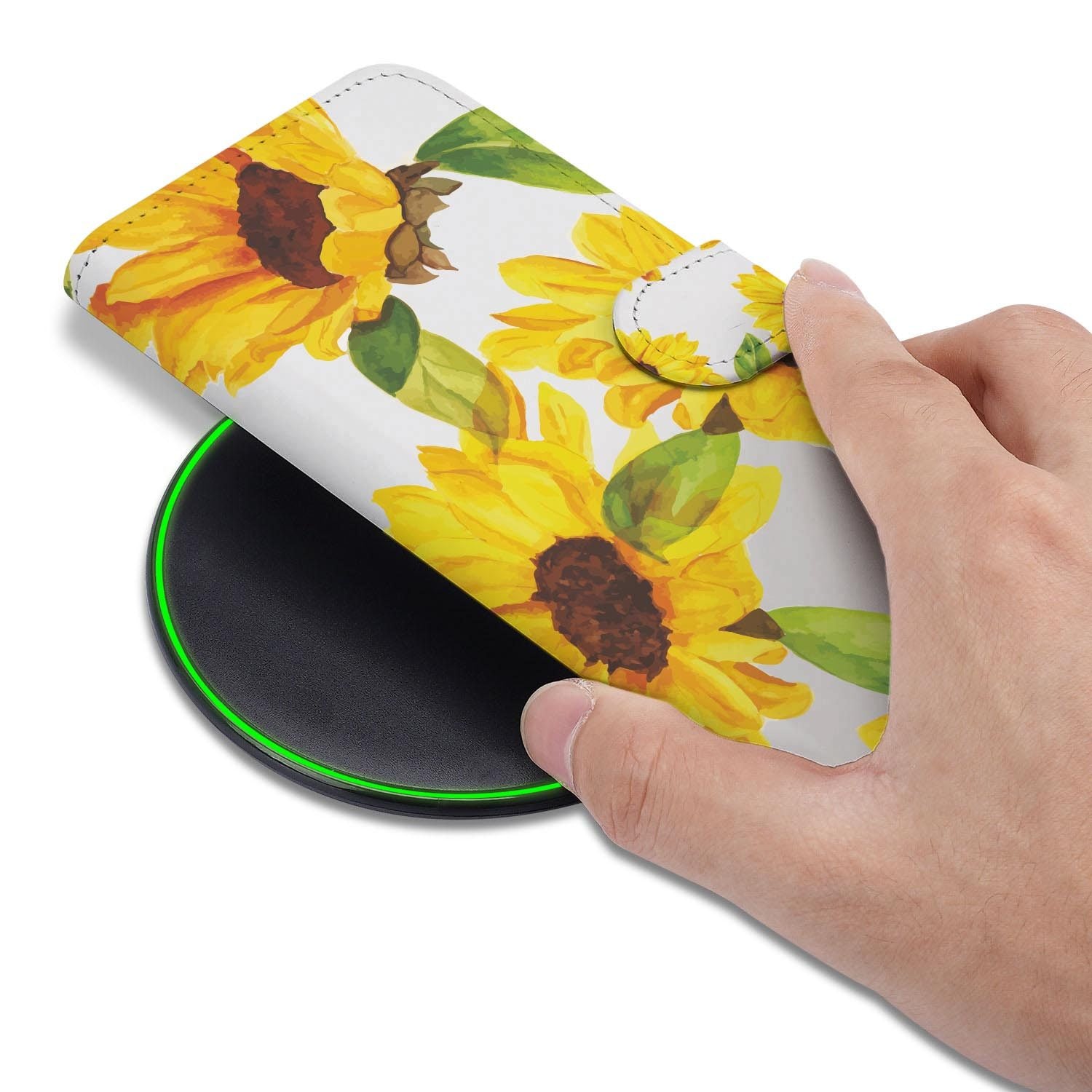 Samsung Galaxy S26 FE hoesje met pasjeshouder en Zonnebloemen opdruk op wit kunstleer