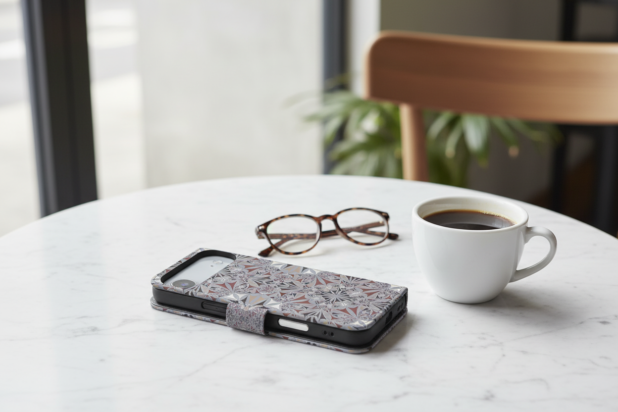 Book Case iPhone 17 Air Flower Tiles bloemendecor retro tegelmotief aanzicht