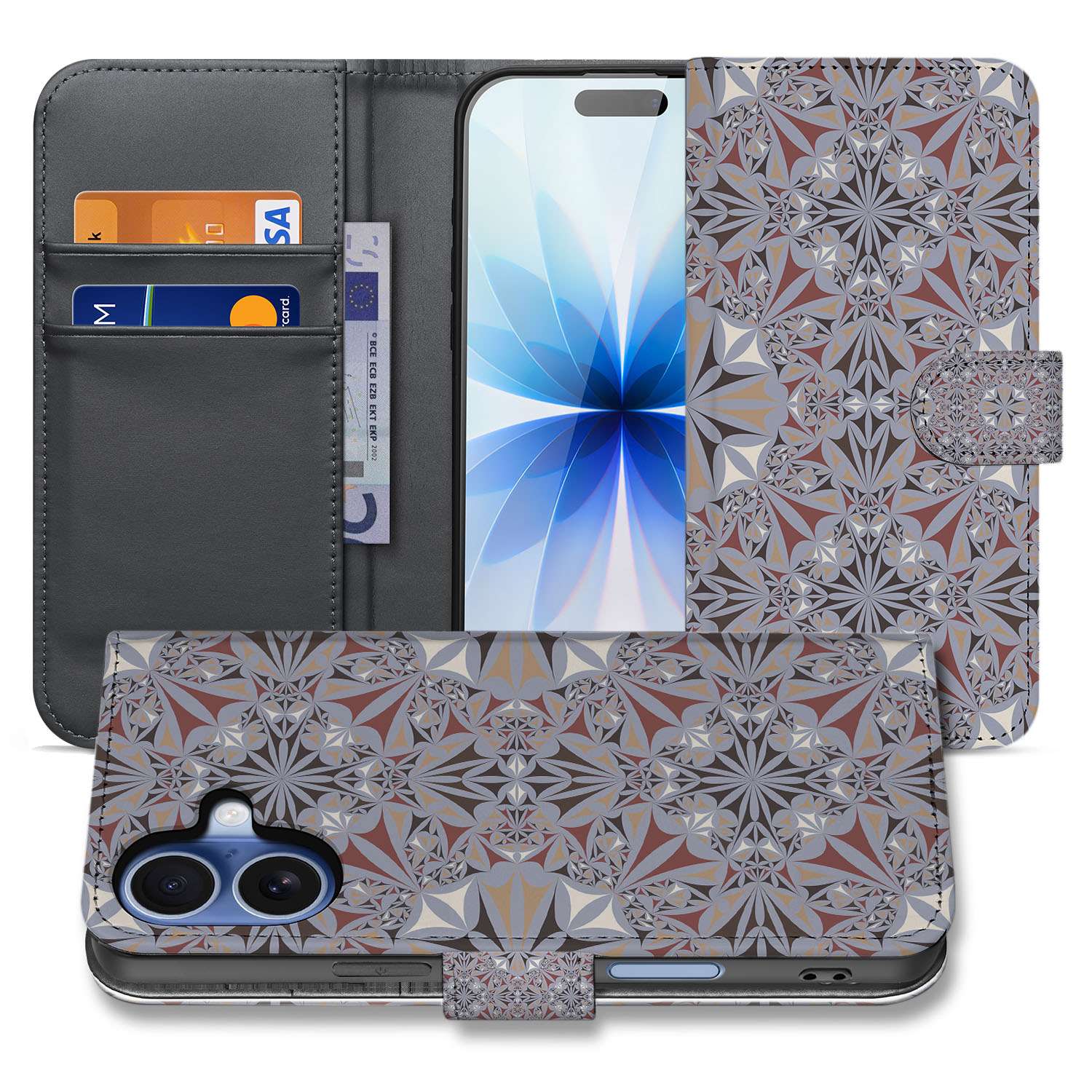 Book Case iPhone 17 Bloemenpatroon Meerkleurig Flower Tiles ontwerp voorkant