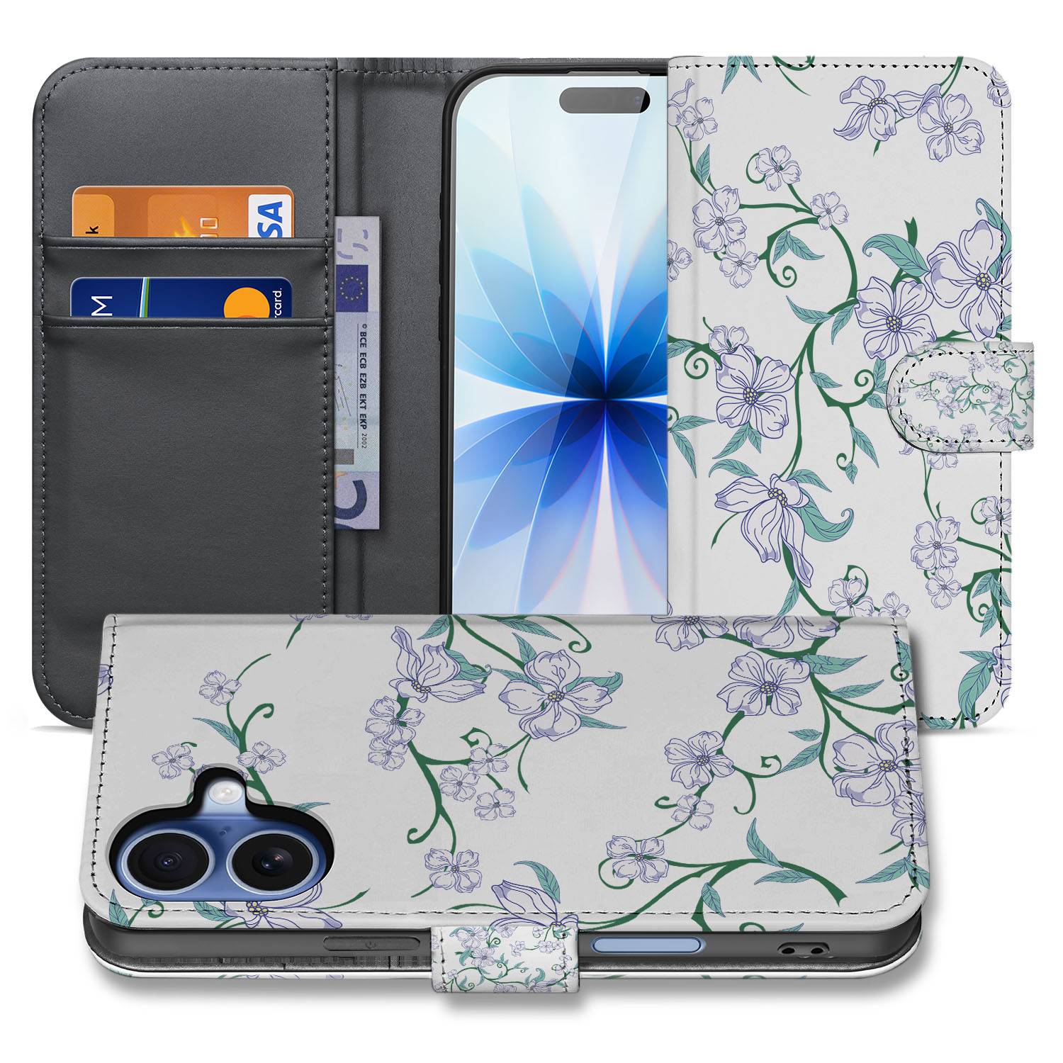 Book Case iPhone 17 Blossom White Met Pasjeshouder TPU Binnenhouder design bloemprint aanzicht
