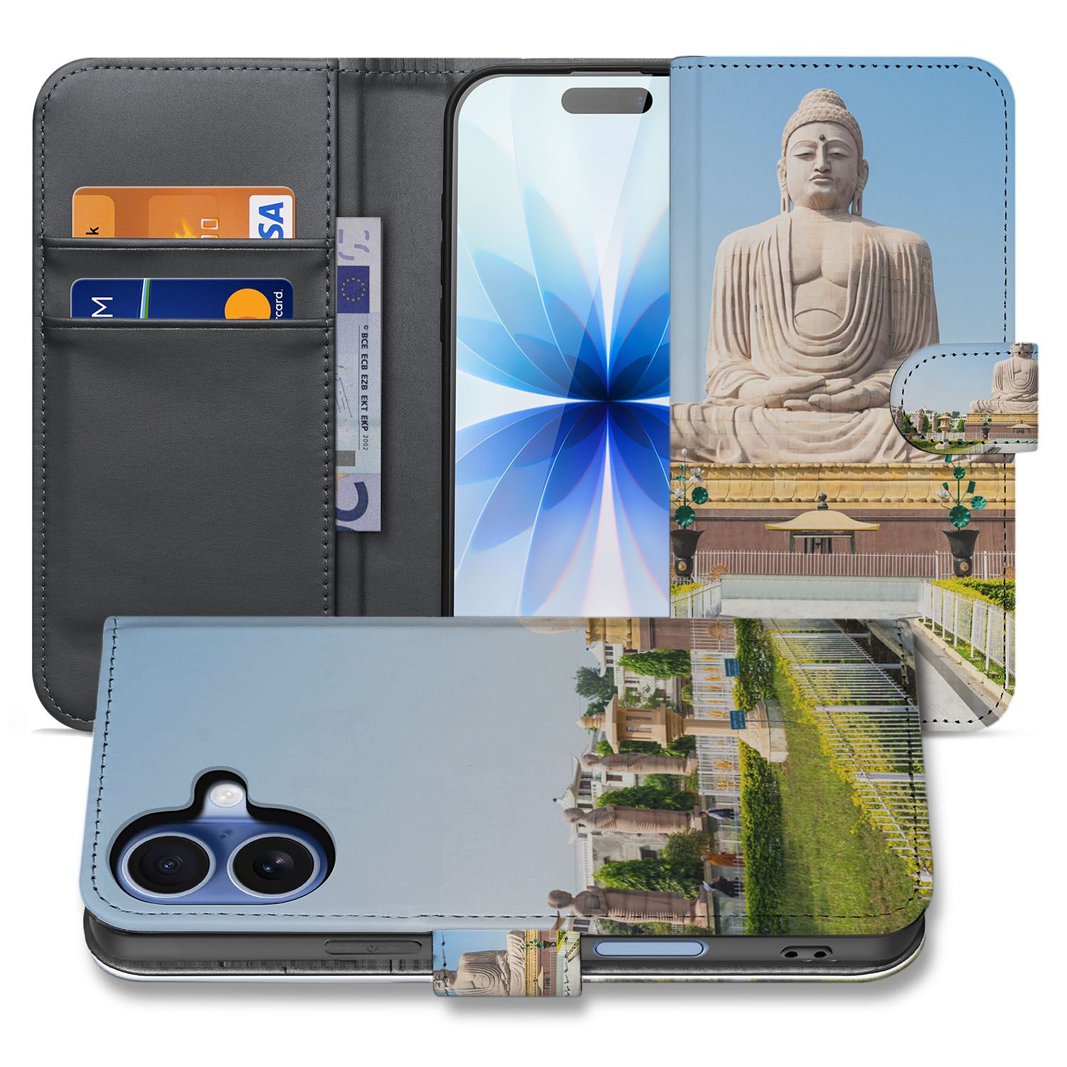 Book Case iPhone 17 Boeddha Goud Blauw Luxe design Boeddha aanzicht