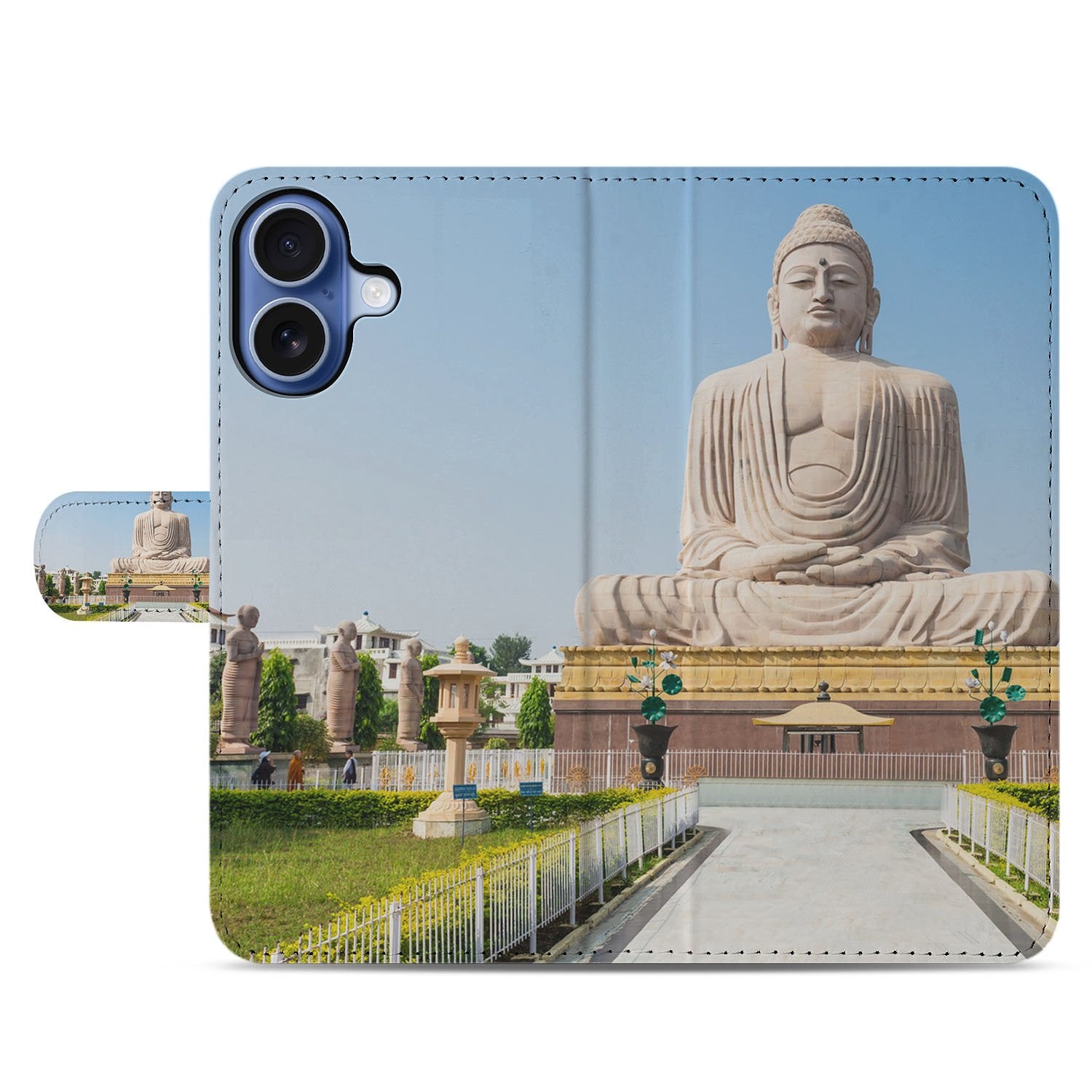 Book Case iPhone 17 Boeddha Goud Blauw Luxe Boeddha illustratie luxe flip cover aanzicht