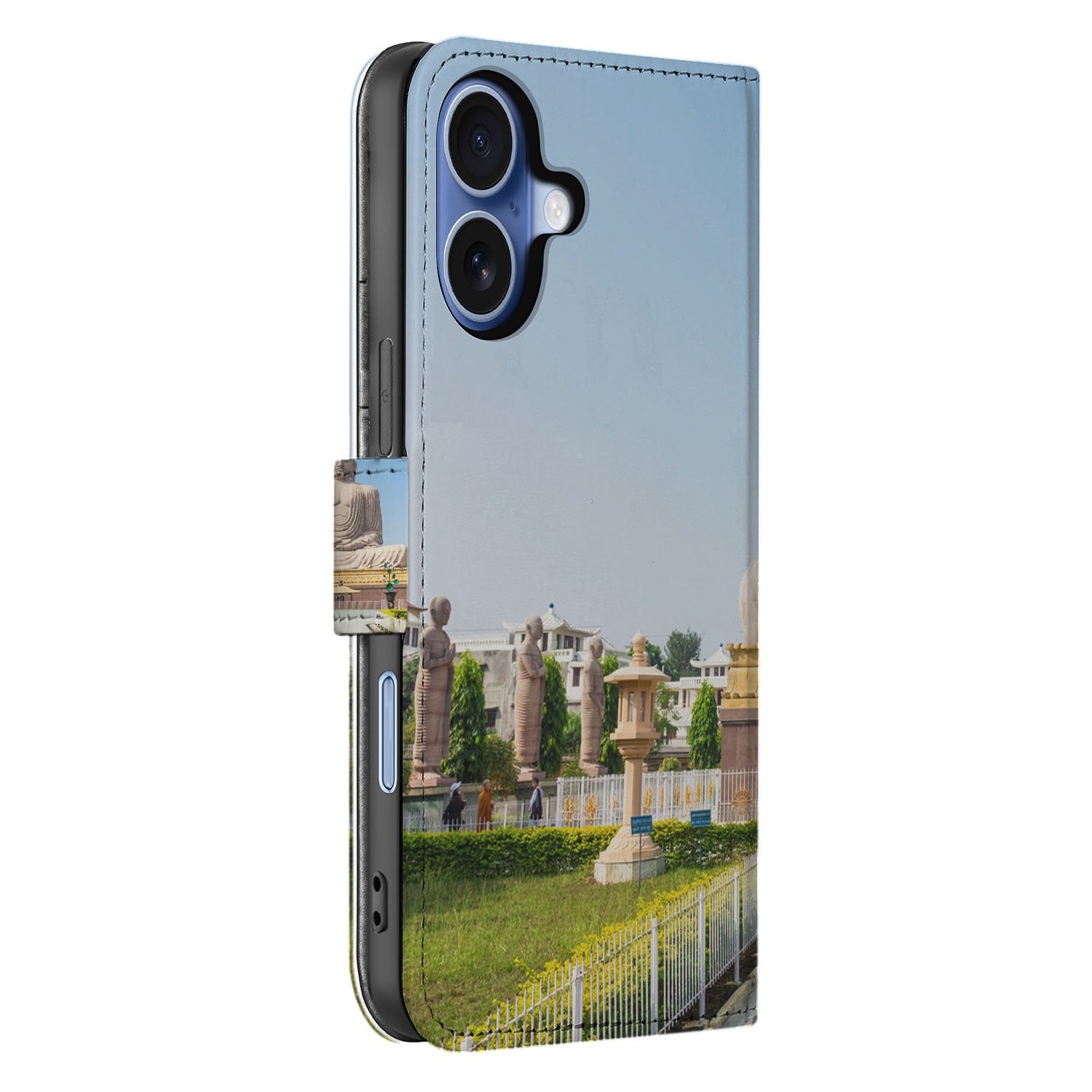 Book Case iPhone 17 Boeddha Goud Blauw Luxe Boeddha design zijkant