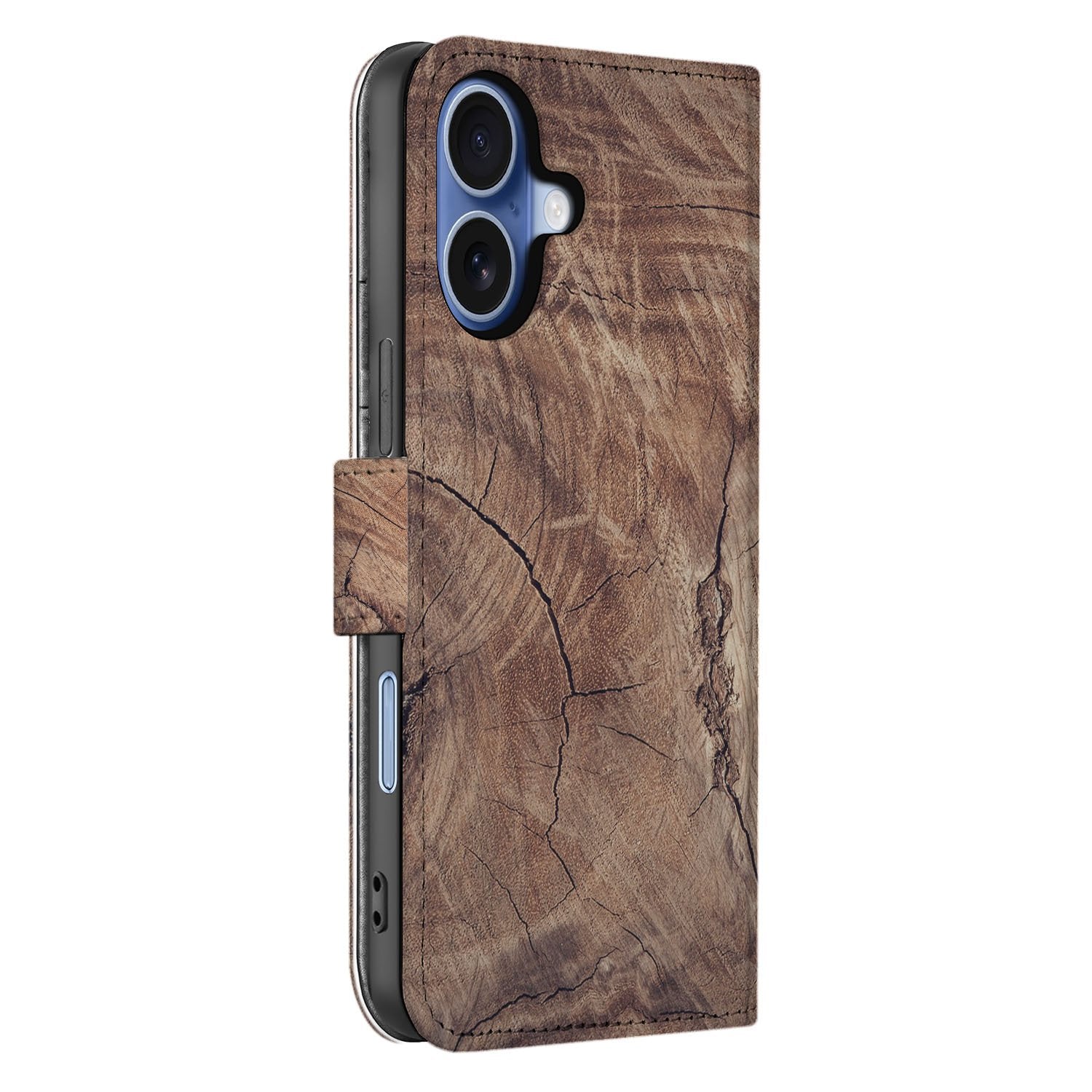 Book Case iPhone 17 Boomstam Bruin Pasjeshouder houtnerf design aanzicht