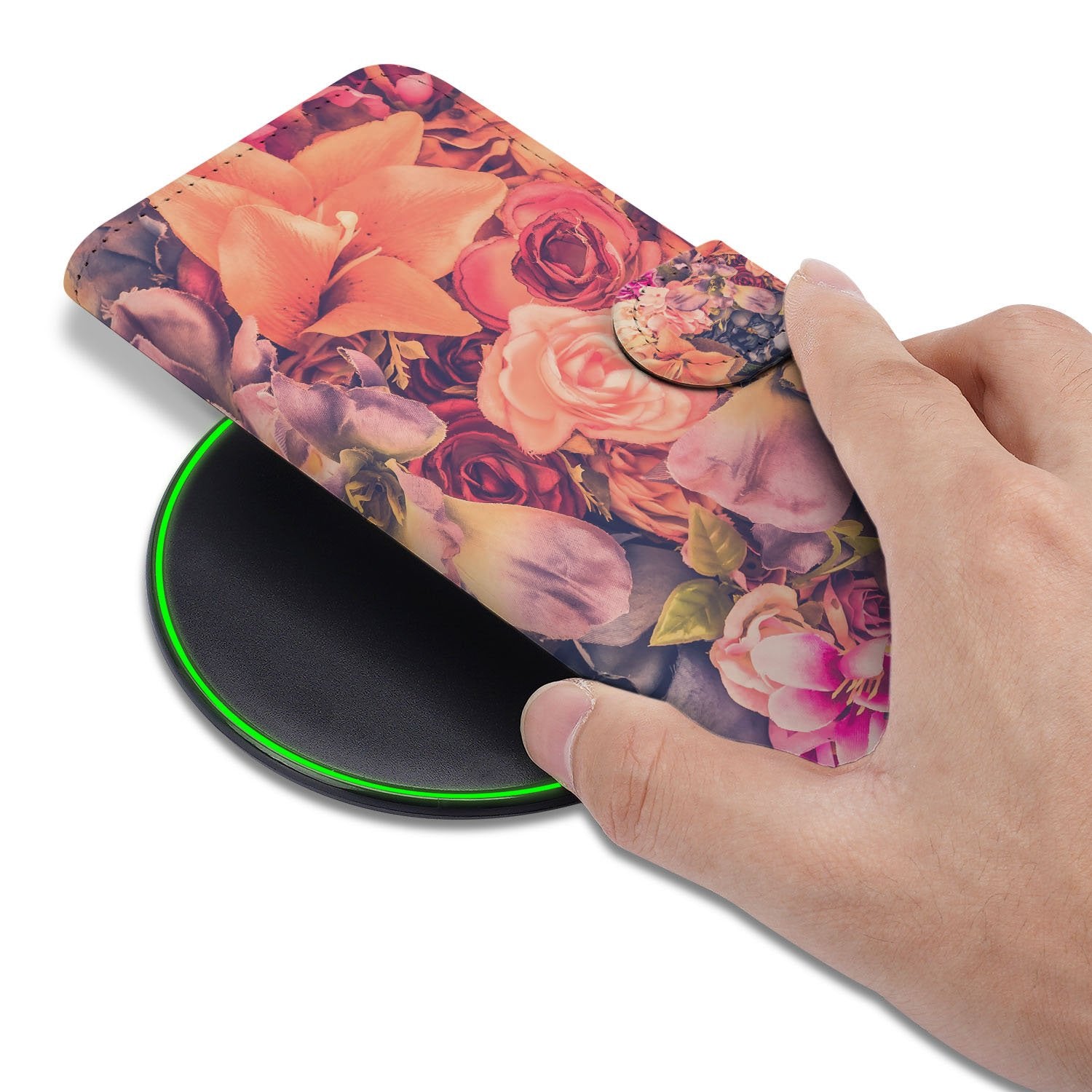 Book Case iPhone 17 Bosje Bloemen Roze Oranje Paars hand boven oplader