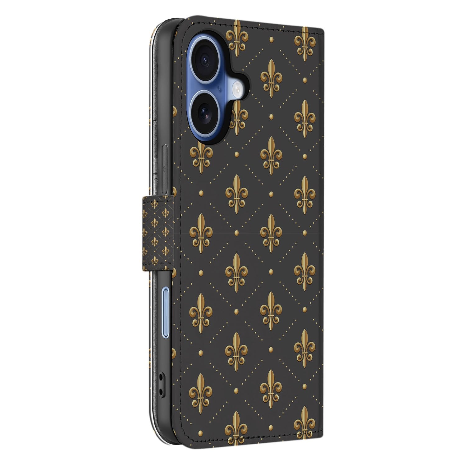 Book Case iPhone 17 Franse Lelie Bruin Goud zij aanzicht