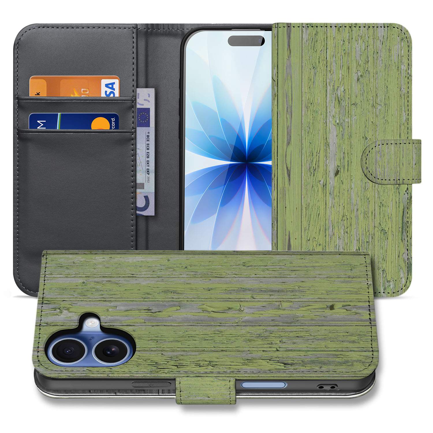 Book Case iPhone 17 Groen Houtnerf Met Pasjeshouders En Magnetische Sluiting design groen houtnerf aanzicht