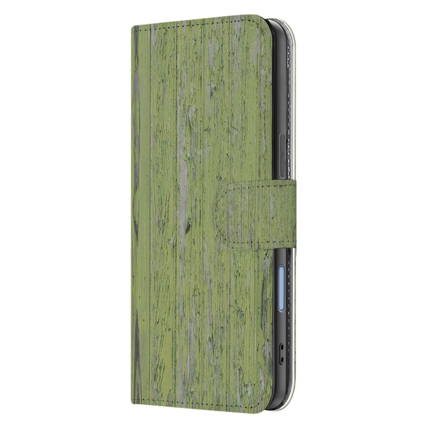 Book Case iPhone 17 Groen Houtnerf Met Pasjeshouders En Magnetische Sluiting design voorkant