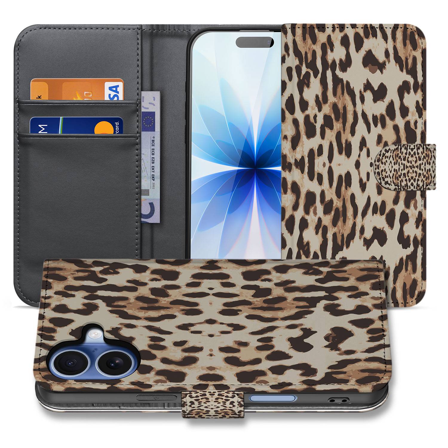 Book Case iPhone 17 Leopard Pasjeshouder Magnetisch designnaam vooraanzicht