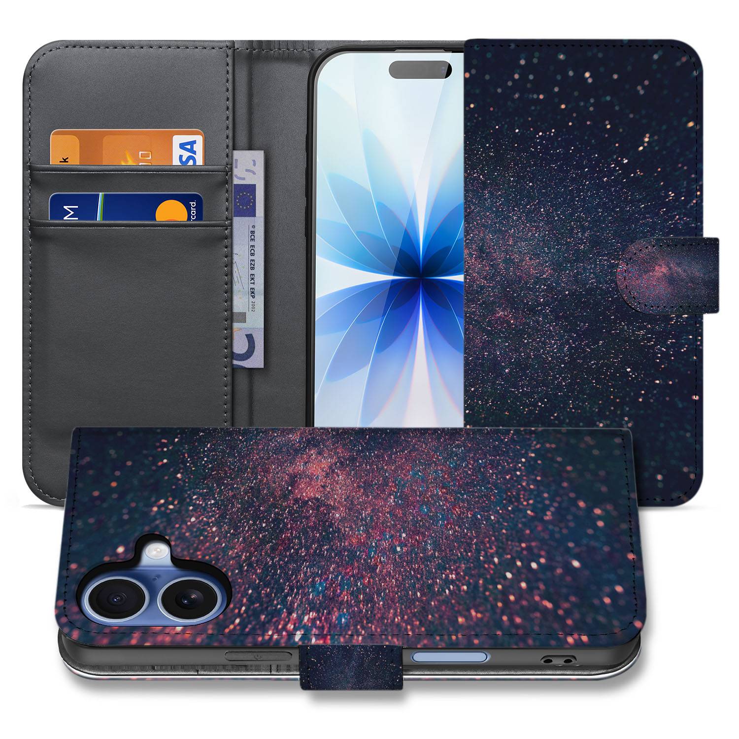 Book Case iPhone 17 Paars Blauw Glitter Sterren designnaam vooraanzicht