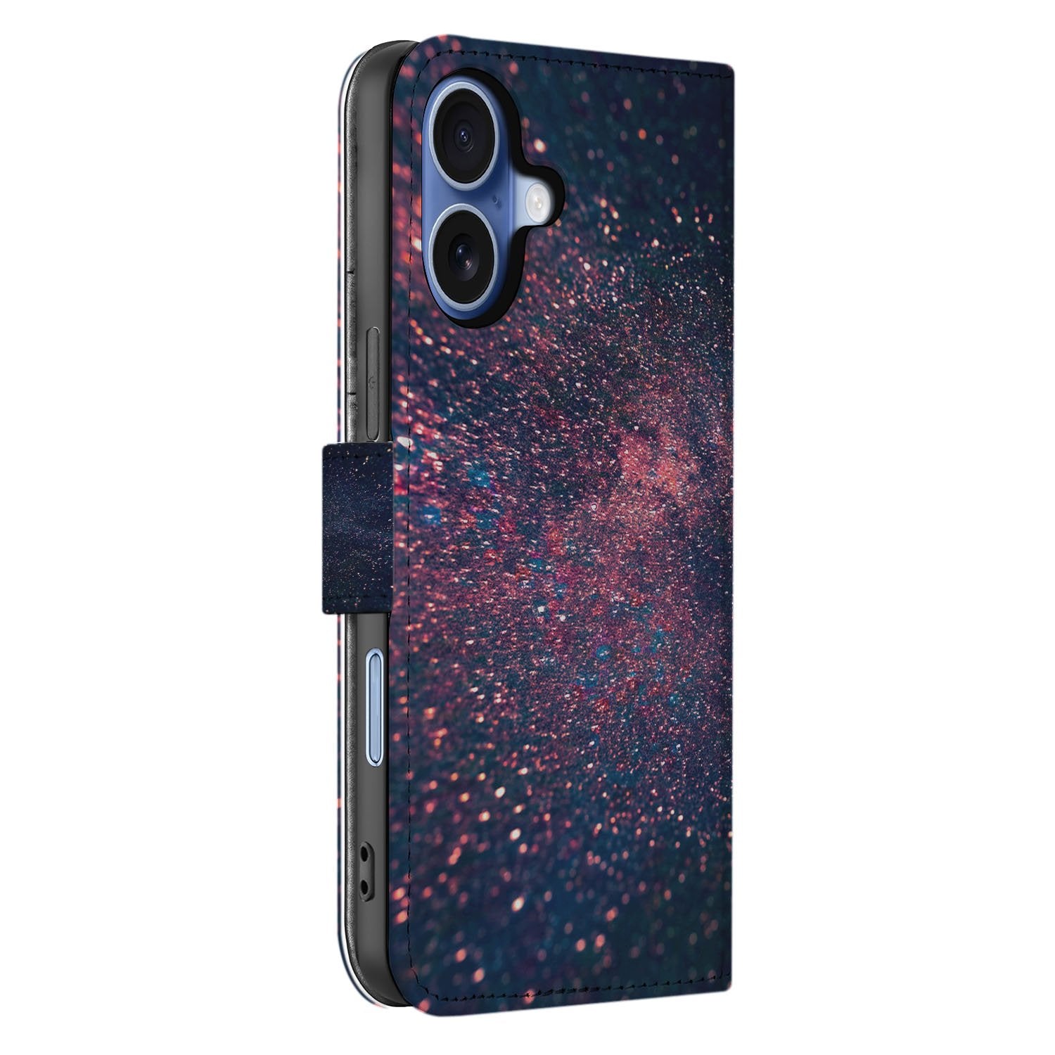 Book Case iPhone 17 Paars Blauw Glitter Sterren designnaam zijaanzicht