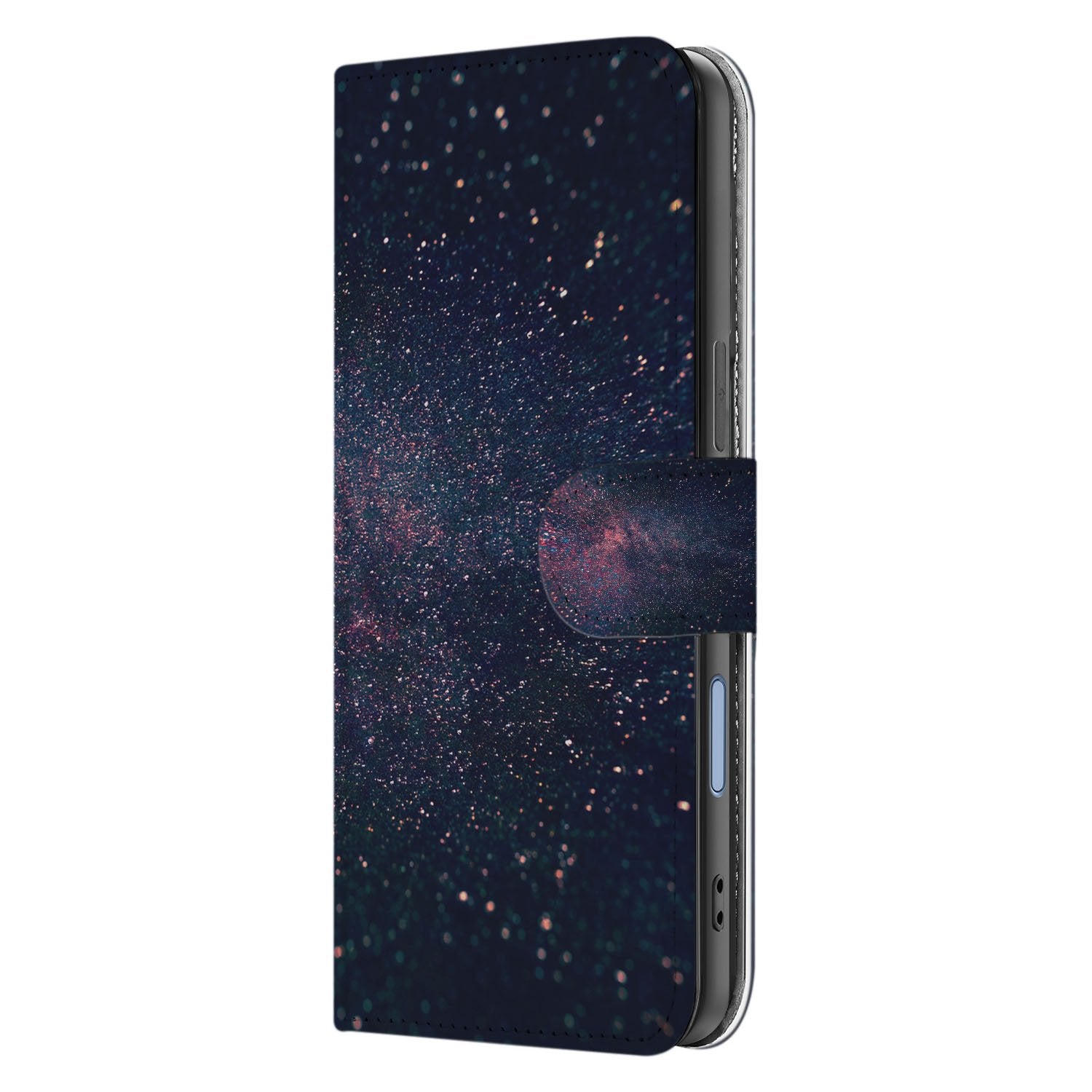 Book Case iPhone 17 Paars Blauw Glitter Sterren design sterrenregen aanzicht