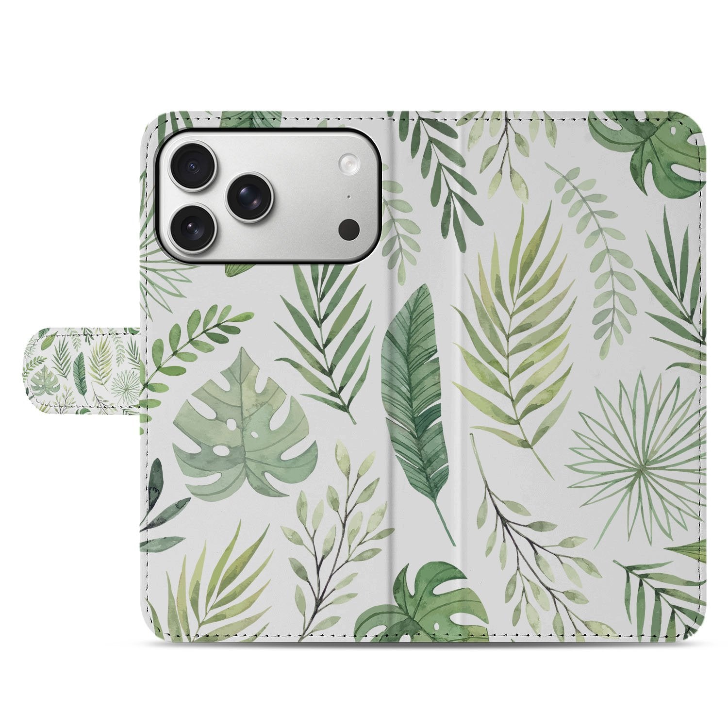 Book Case iPhone 17 Pro Max Bladeren Lichtgroen Wit Met 3 Pasjes design bladeren voorzijde