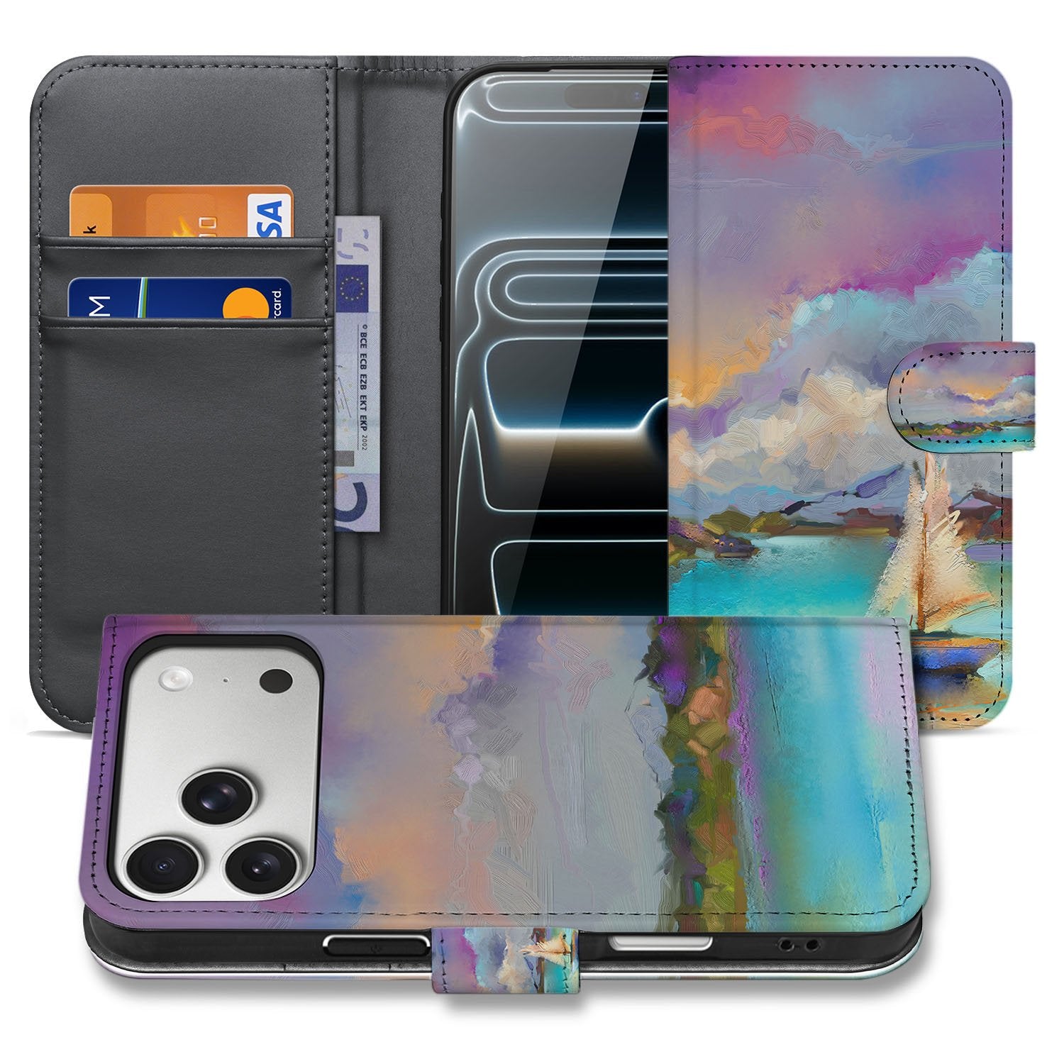 Book Case iPhone 17 Pro Max Boot Motief Kunstleer Paars Blauw Groen Met Pasjes voorkant zijkant binnen