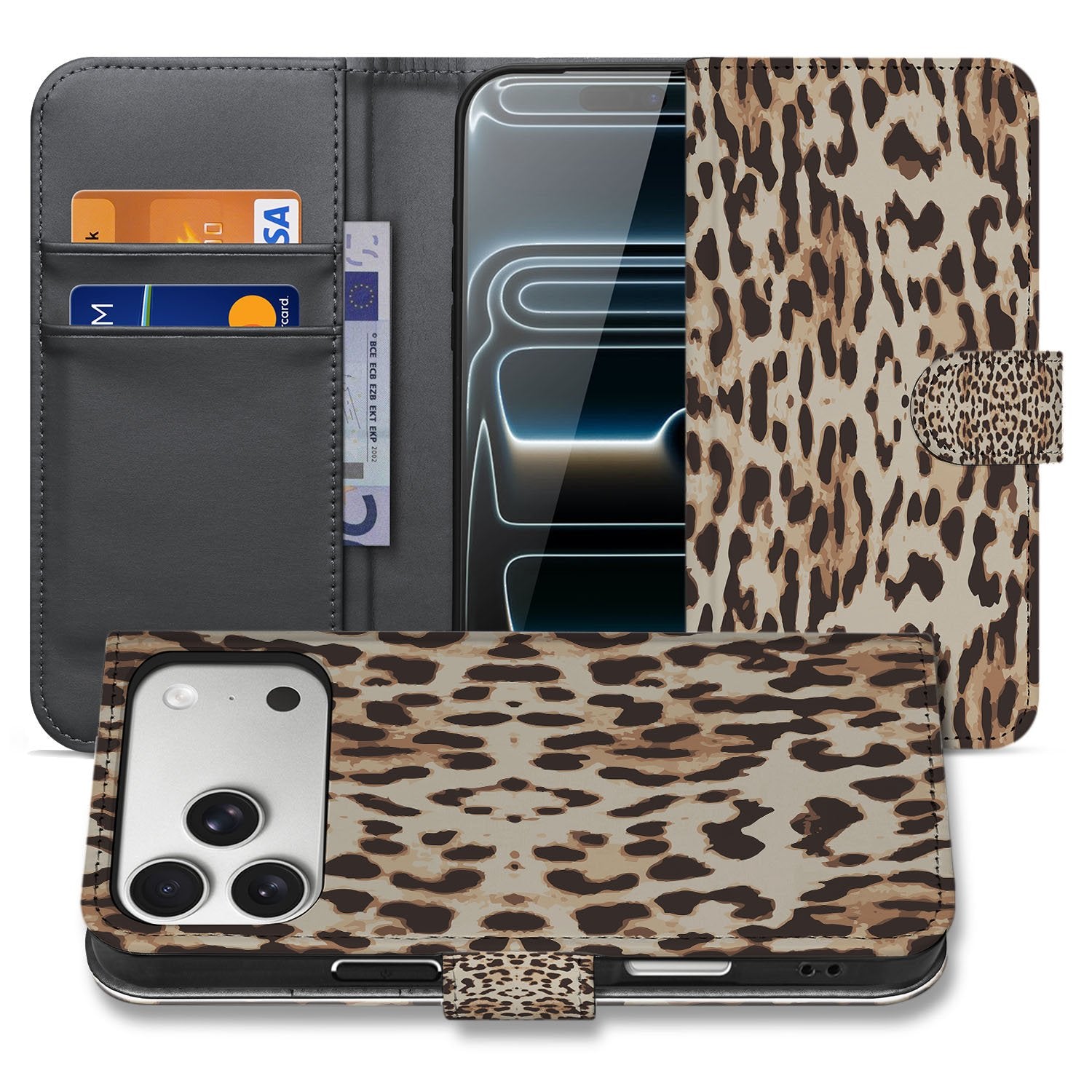 Book Case iPhone 17 Pro Max Leopard Pasjeshouder Magnetisch leopard design voorkant