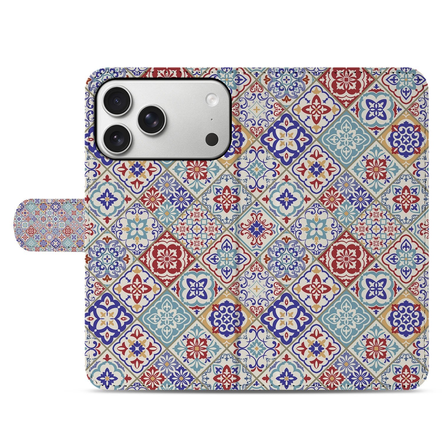 Book Case iPhone 17 Pro Max Tegelpatroon Rood Blauw Beige Pasteltonen Met Pasjes design tegelmotief aanzicht