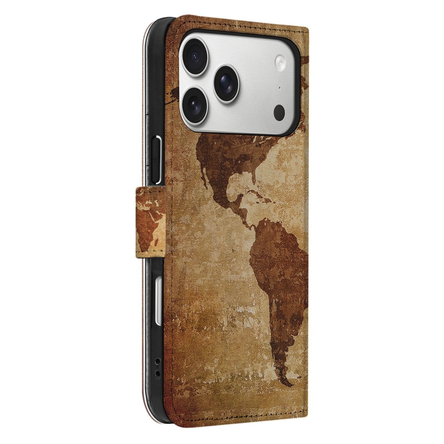 Book Case iPhone 17 Pro Max Wereldkaart Met Pasjes wereldkaart bruin geel zijkant