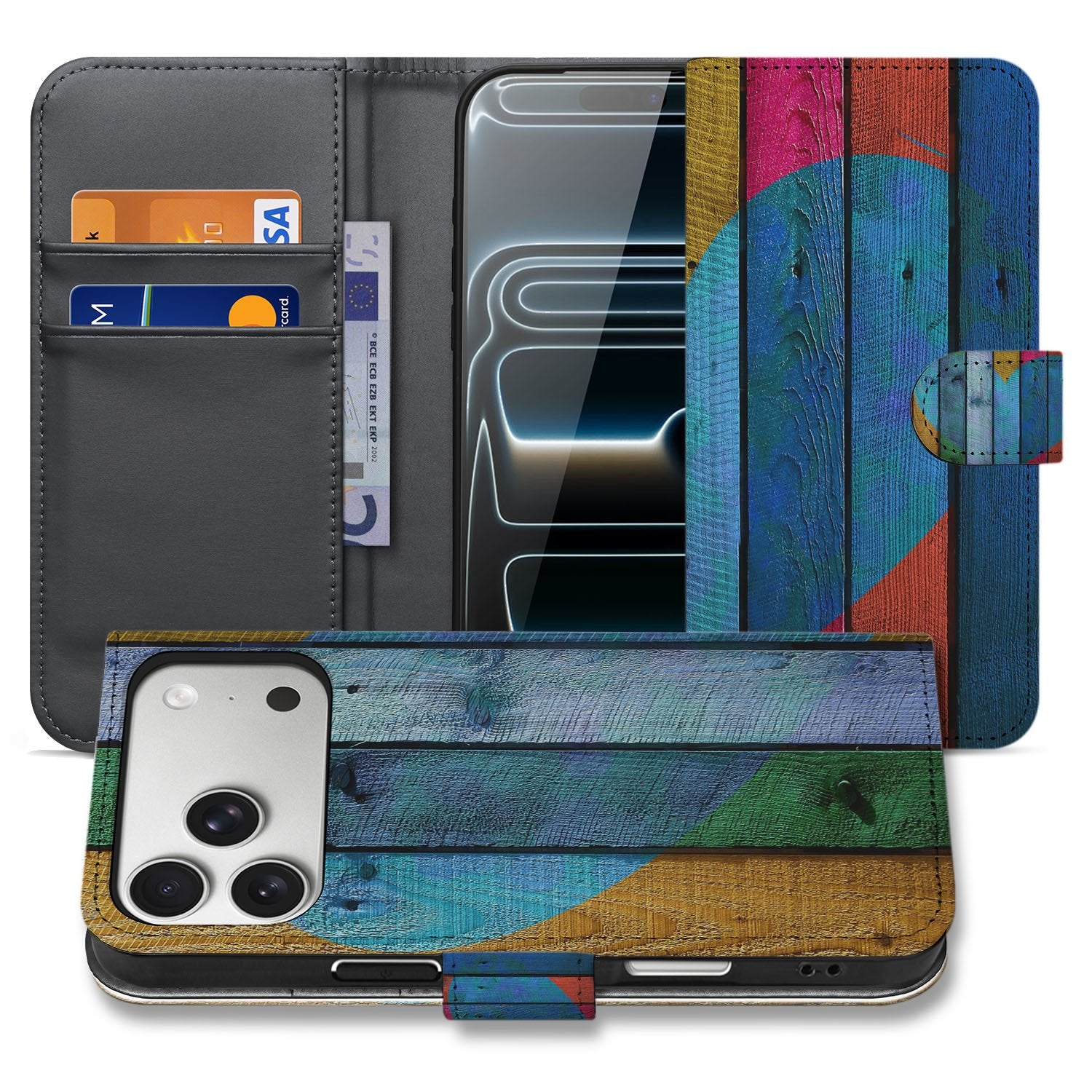 Apple iPhone 17 Pro Max Book Case Wood Heart Met Pasjes Bruin aanzicht