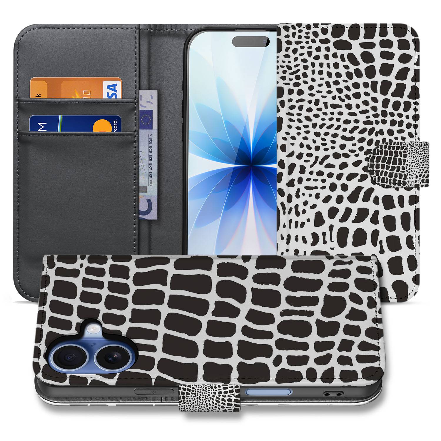 Book Case iPhone 17 Slangenprint Met Pasjes slangenprint portemonnee hoesje aanzicht