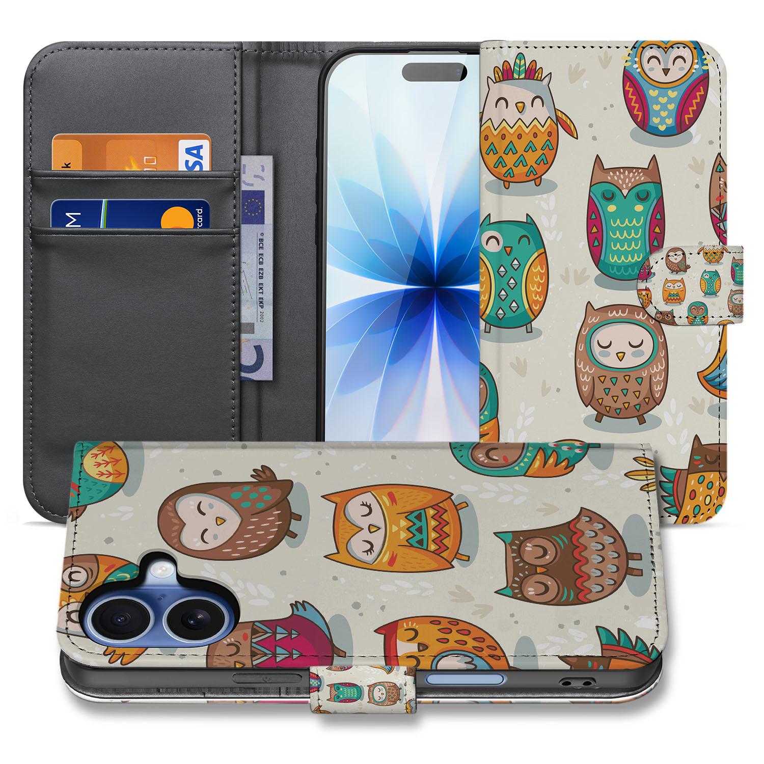 Book Case iPhone 17 Vrolijke Uilen Pasjeshoesje vrolijke uilen design voorkant