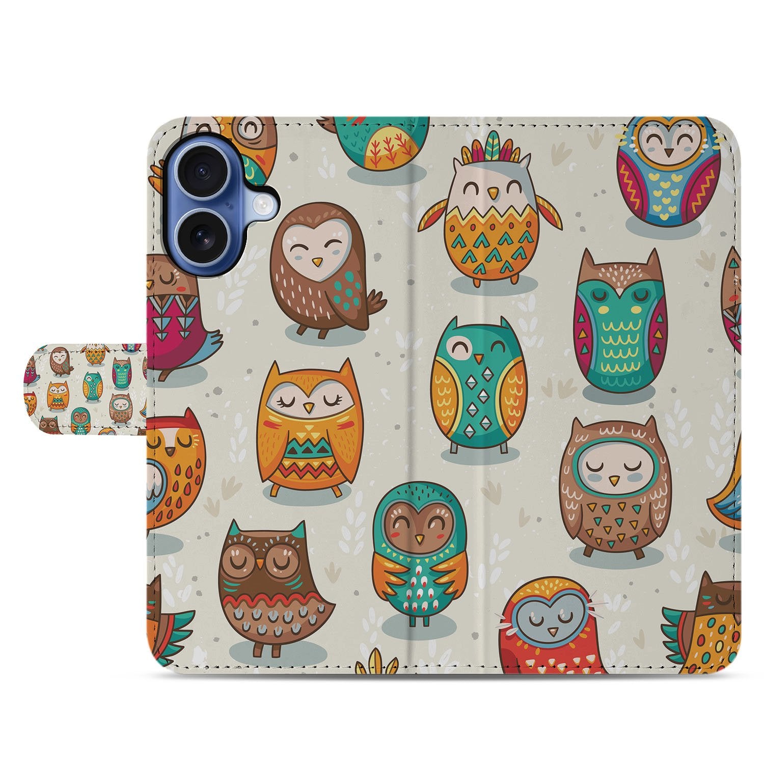 Book Case iPhone 17 Vrolijke Uilen Pasjeshoesje design Vrolijke Uilen voorkant
