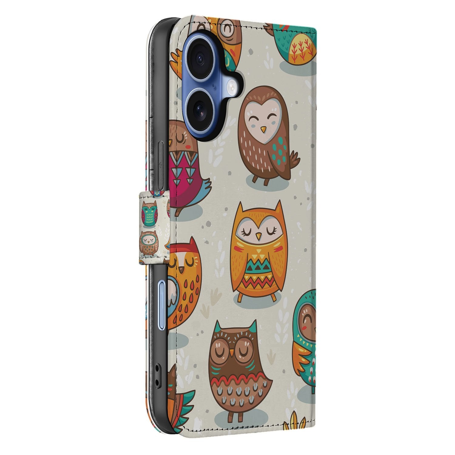 Book Case iPhone 17 Vrolijke Uilen Pasjeshoesje design vrolijke uilen aanzicht