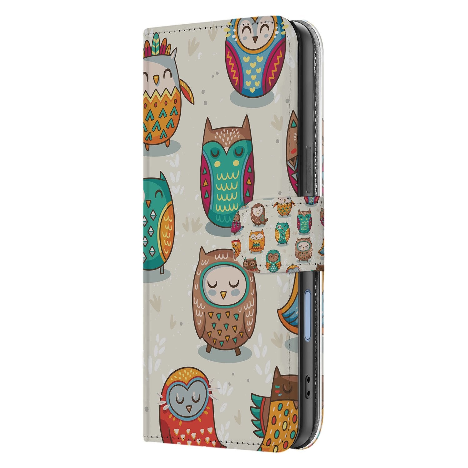Book Case iPhone 17 Vrolijke Uilen Pasjeshoesje uilen patroon beige zijaanzicht