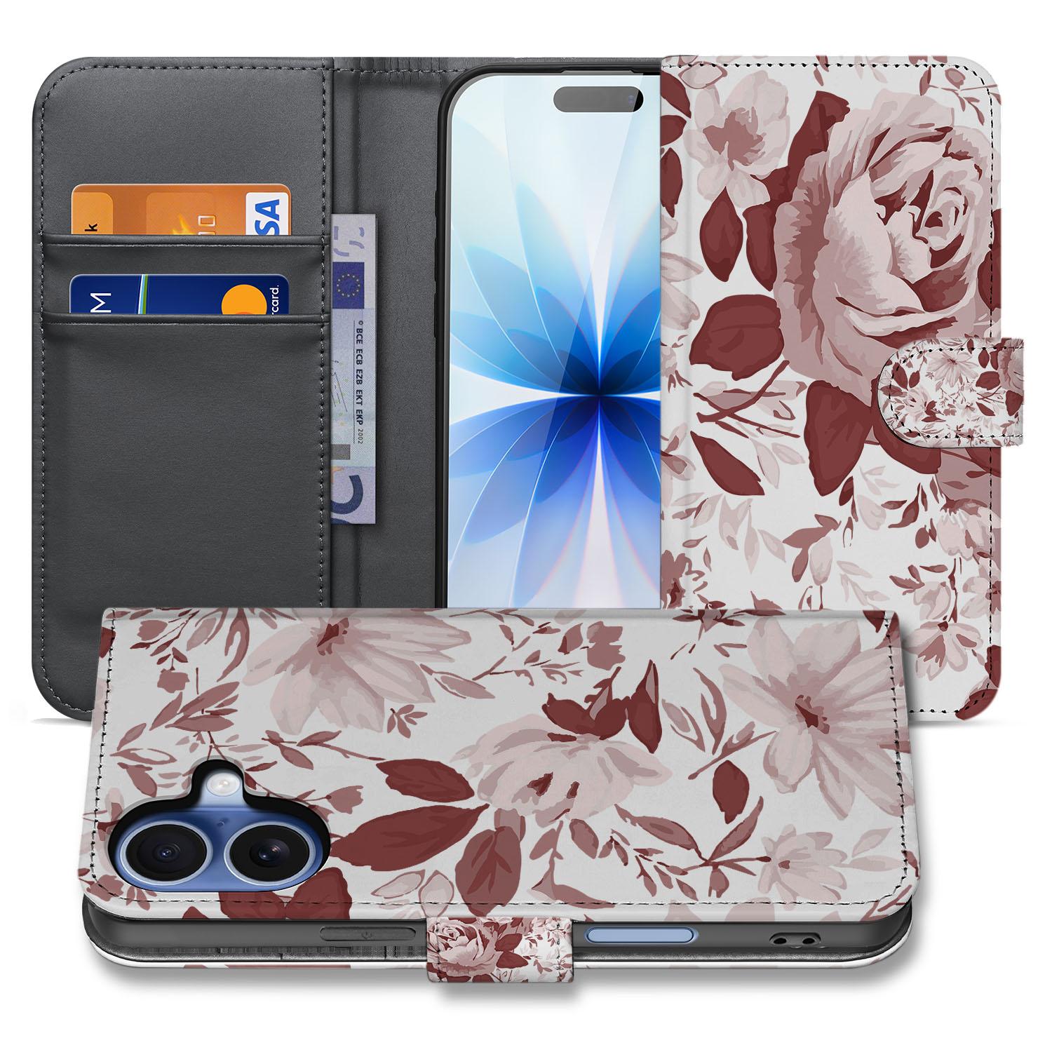 Book Case iPhone 17 Watercolor Flowers Met Pasjes Aquarel bloemen front aanzicht
