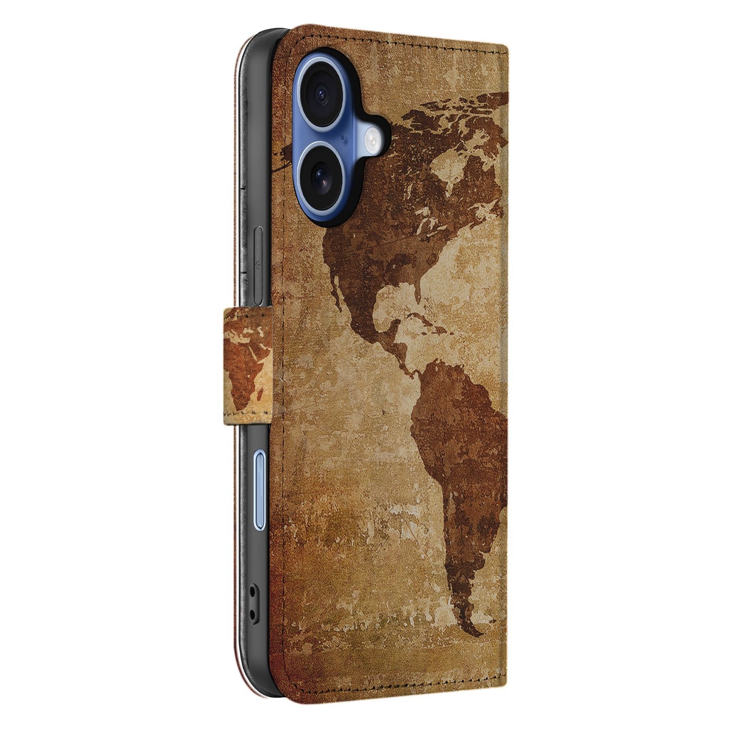 Book Case iPhone 17 Wereldkaart Met Pasjes wereldkaart bruin geel ontwerp zijaanzicht