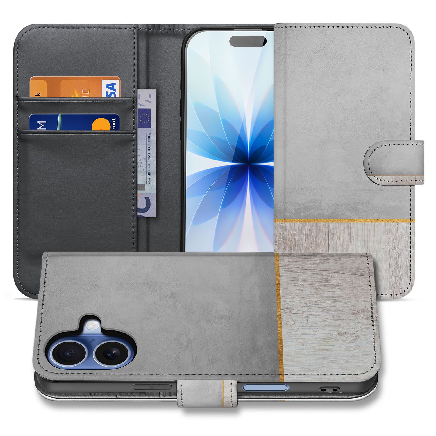 Book Case iPhone 17 Wood Concrete Met Pasjeshouder designnaam aanzicht