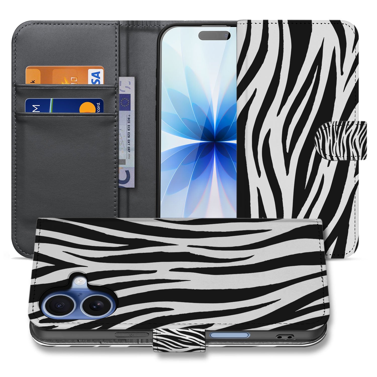 Book Case iPhone 17 Zebra Met Pasjes Zwart Wit bookcase design zebra-print aanzicht