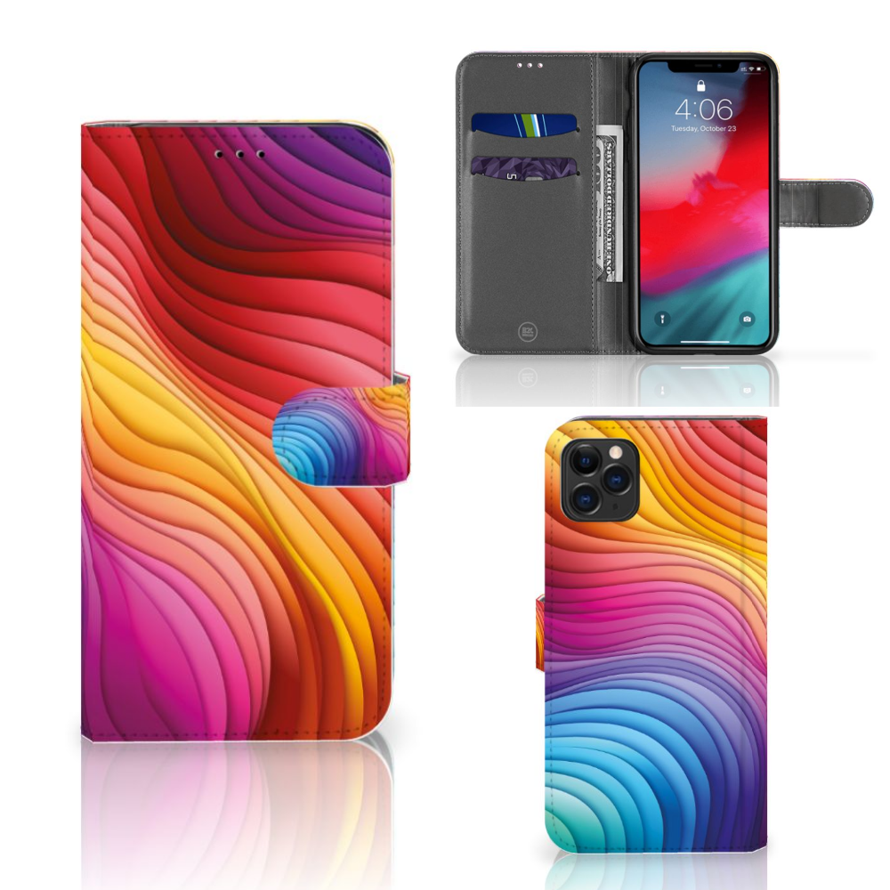 Book Case voor Apple iPhone 11 Pro Max Regenboog - kleurrijk ontwerp met golvende lijnen 🌈