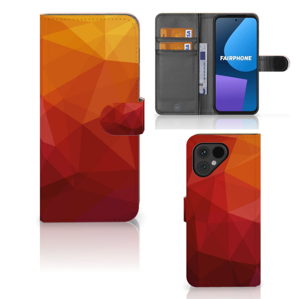 Book Case voor Fairphone 5 Polygon Red met abstract design en ruimte voor pasjes. Perfect cadeau voor bescherming! 🎁