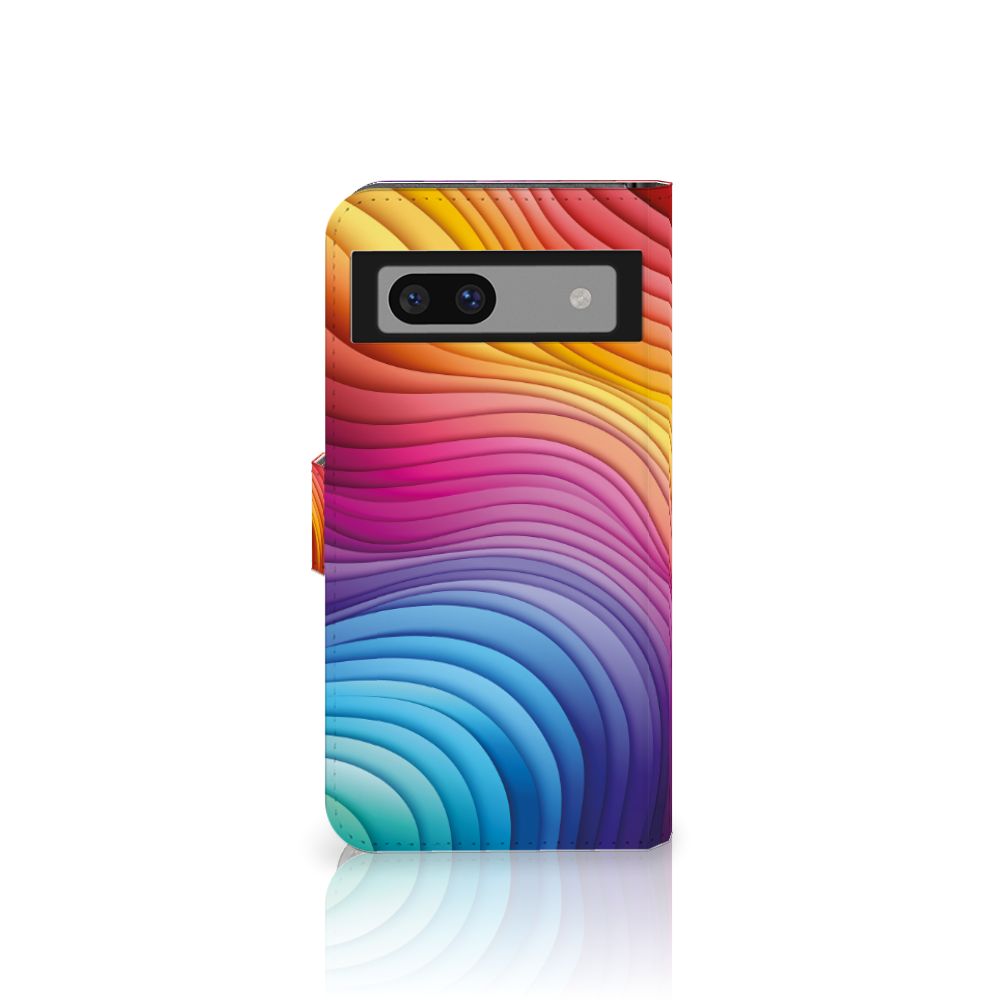 Book Case voor Google Pixel 7A Regenboog met kleurrijk golfdesign voor gebruiksgemak en bescherming.