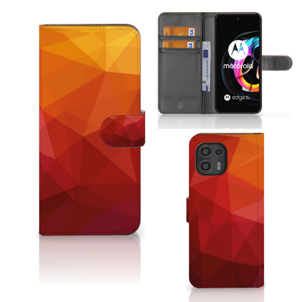 Book Case voor Motorola Edge 20 Lite Polygon Red met abstracte geometrische vormen en ruimte voor pasjes. 🎨