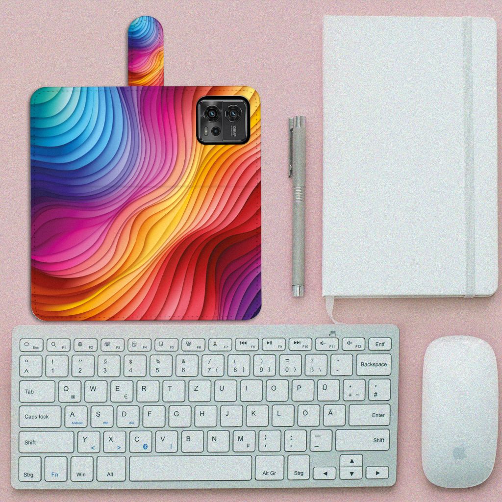 Motorola Moto G72 Book Case Regenboog design kleurrijke golfachtige patronen aanzicht