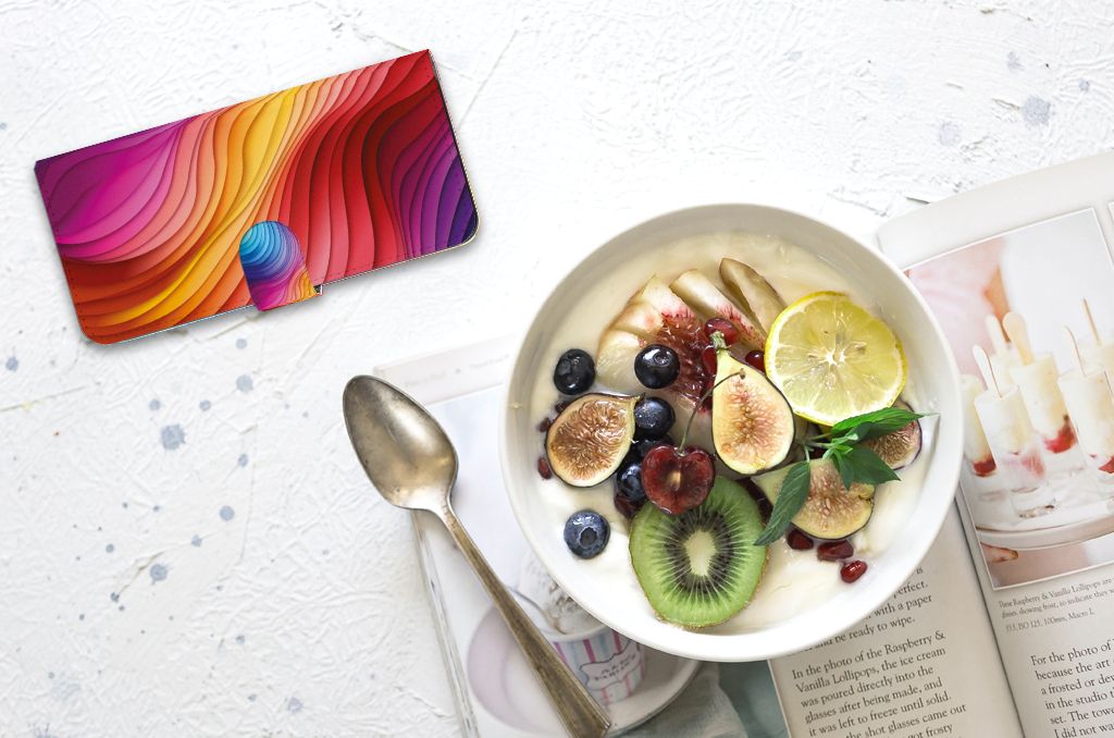 Nokia G42 Book Case Regenboog design bovenaanzicht fruitkom
