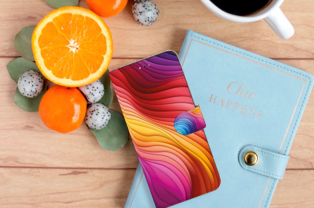 OPPO A17 Book Case Regenboog bovenaanzicht nabij fruit en notitieboek