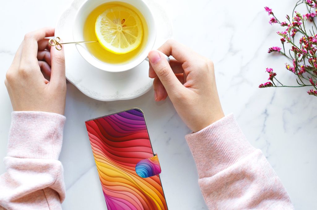 Book Case voor OPPO A54 5G | A74 5G | A93 5G Regenboog met kleurrijk design en een kopje thee 🍵.