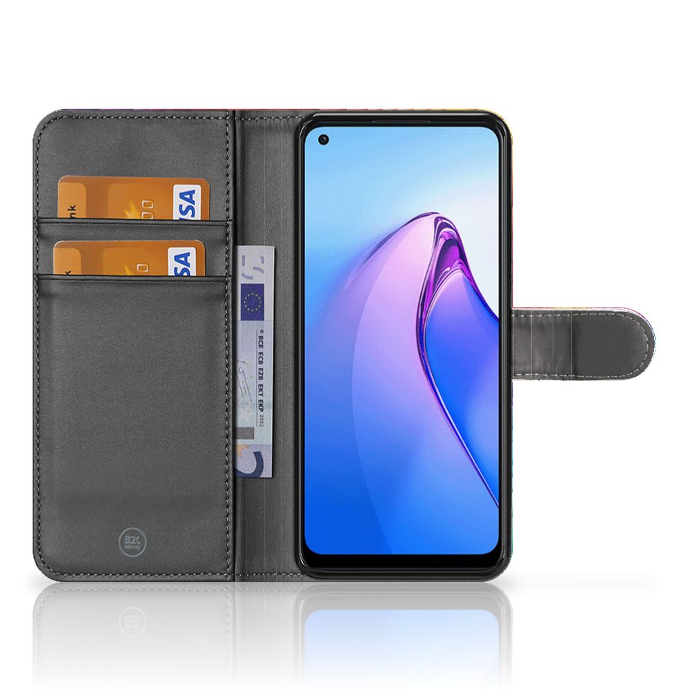 OPPO Reno8 Book Case Regenboog binnenzijde met vakken voor kaarten en een telefoon