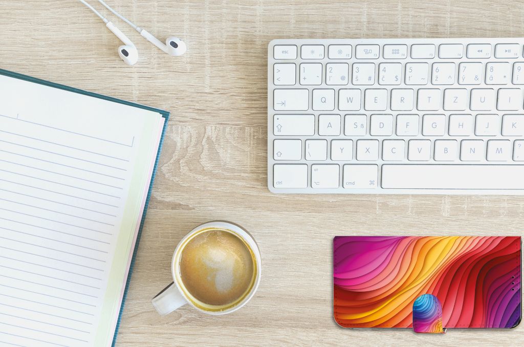 Book Case voor OnePlus 10T Regenboog op bureau met notebook, toetsenbord en koffie☕