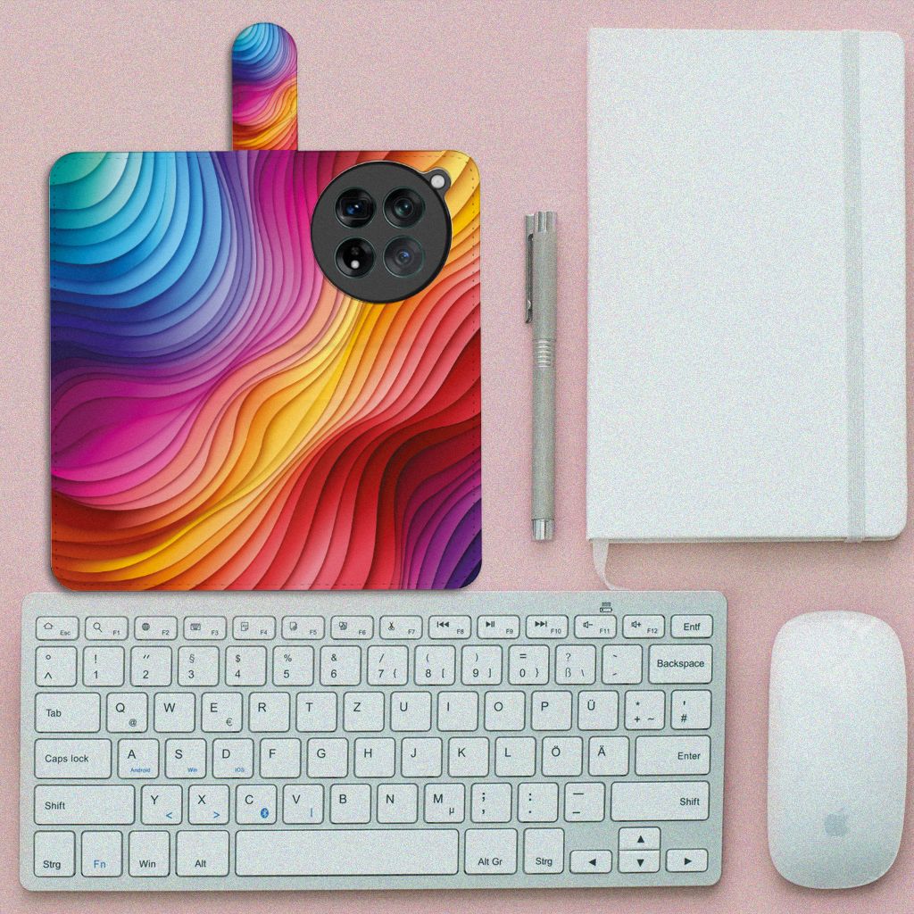 OnePlus 12 Book Case voor OnePlus 12 Regenboog ontwerp bovenaanzicht