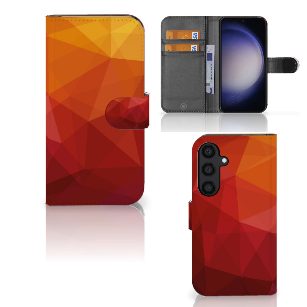 Book Case voor Samsung Galaxy S24 Polygon Red met abstracte vormen en handige pasjeshouder, biedt bescherming en stijl 🌟