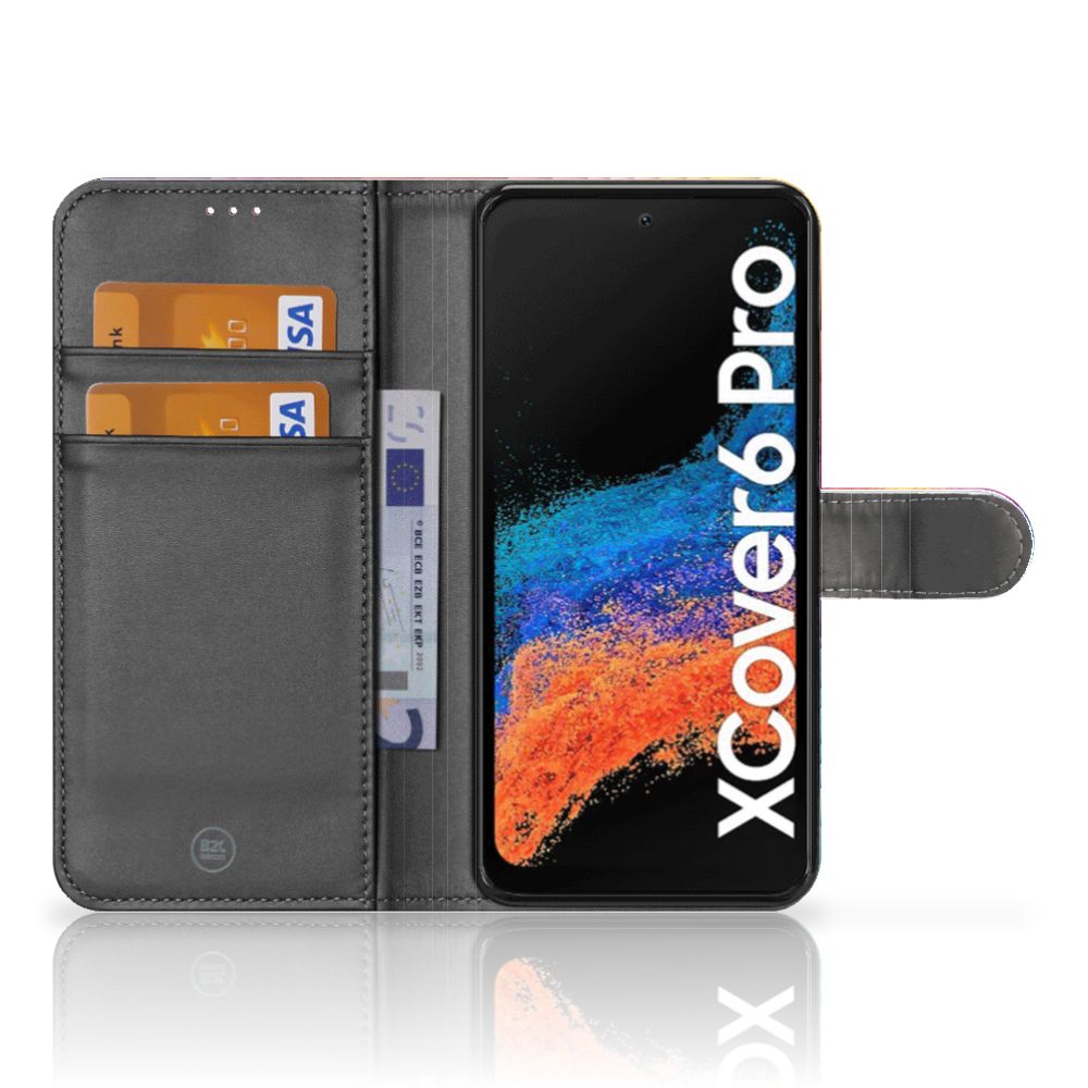 Samsung Galaxy Xcover 6 Pro Book Case Regenboog binnenkant met pasjes en telefoon
