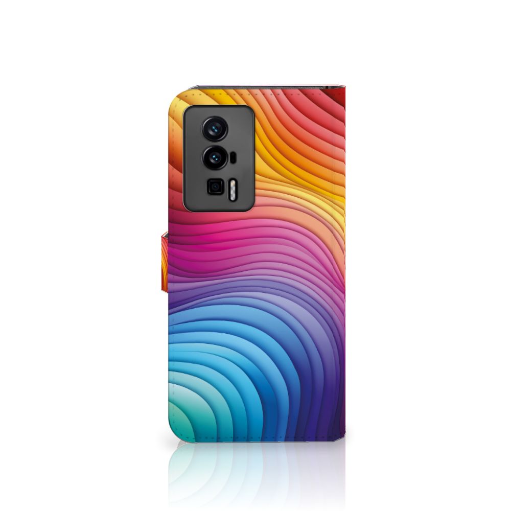 Xiaomi Poco F5 Pro Book Case Regenboog design kleurrijk aanzicht