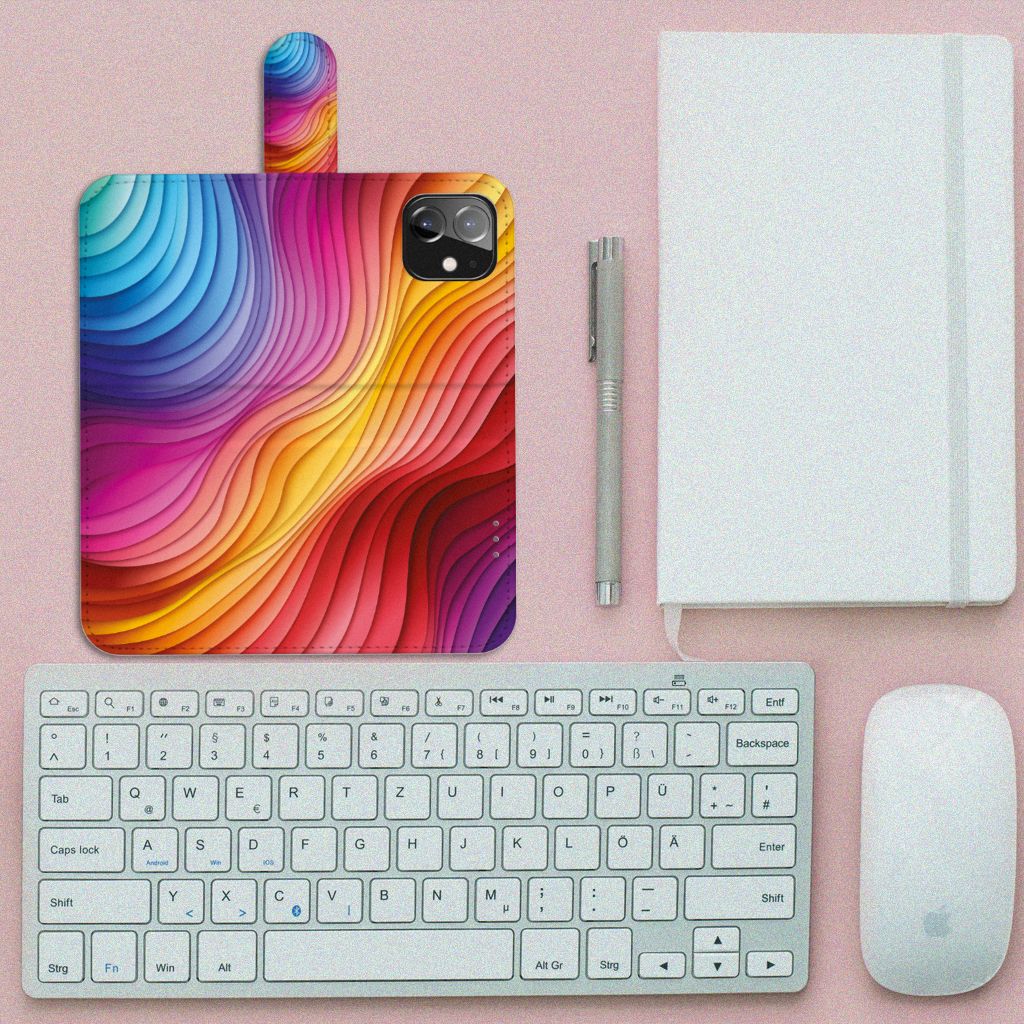 Book Case voor iPhone 12 | 12 Pro (6.1") Regenboog design kleurrijk aanzicht